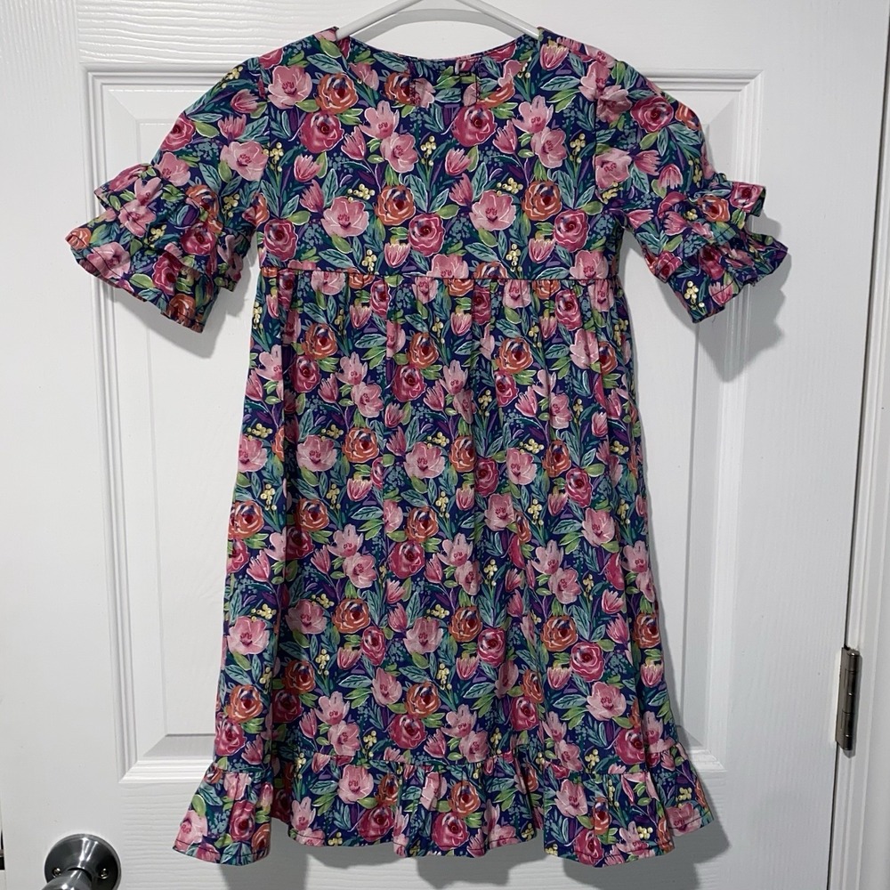 Handmade Girls Ruffle Swing Dress Size 7/8 M Pink Blue Floral Knit Boutique